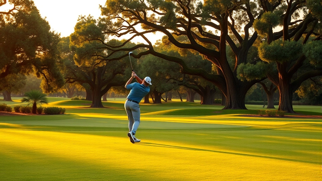 Professional golfer mid-swing on manicured fairway surrounded by mature oak trees and Florida landscape, golden hour lighting, no people visible except golfer