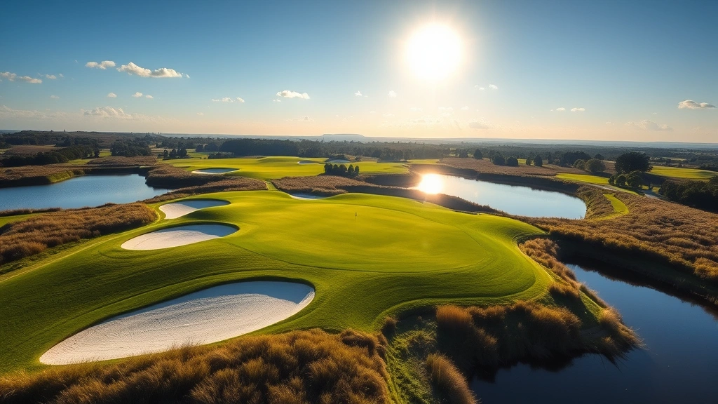 Elevated view of pristine green with white sand bunkers, water hazard reflecting sky, lush rough surrounding, manicured golf course in morning light
