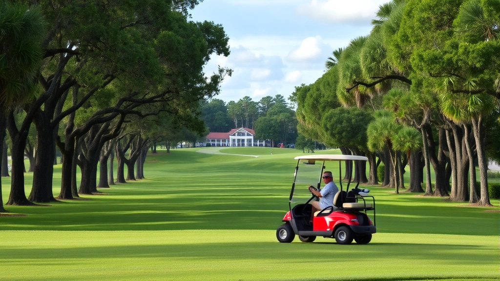 Golf cart on tree-lined fairway with distant clubhouse visible, well-maintained grass, natural Florida landscape, no people in frame