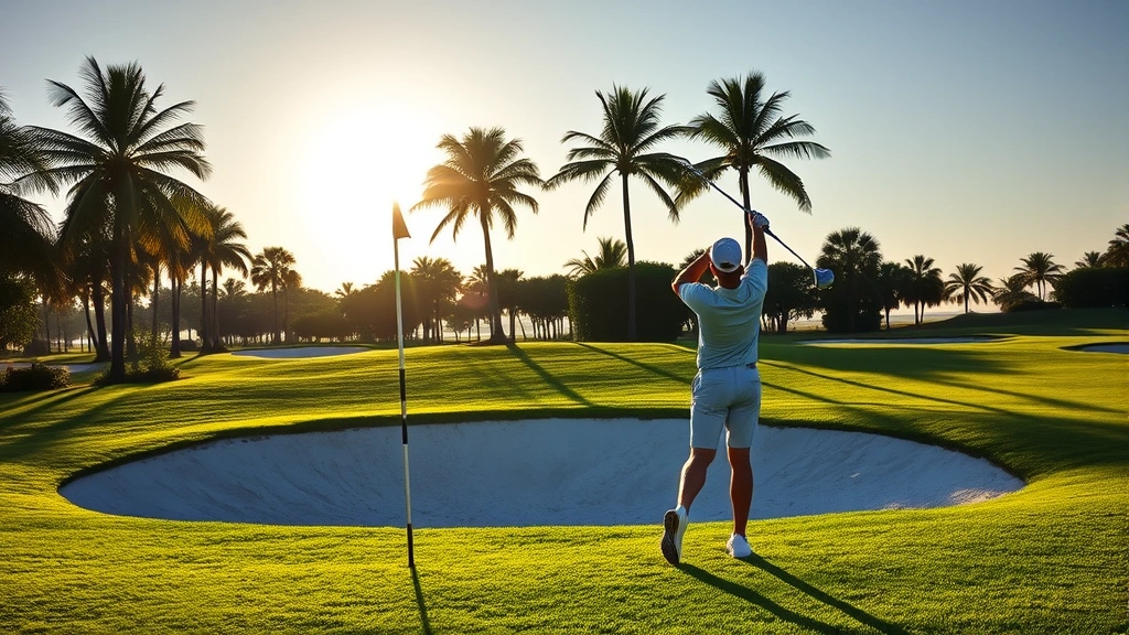 Golfer mid-swing on lush fairway with pristine sand bunker and palm trees framing shot, morning sunlight creating long shadows, professional championship golf course setting, Florida landscape
