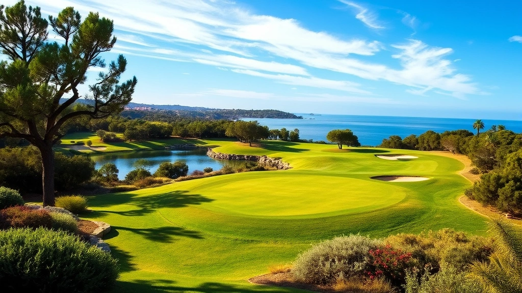Elevated view of scenic golf hole with water hazard reflecting blue sky, manicured greens surrounded by native vegetation, strategic bunker placement, peaceful resort golf environment