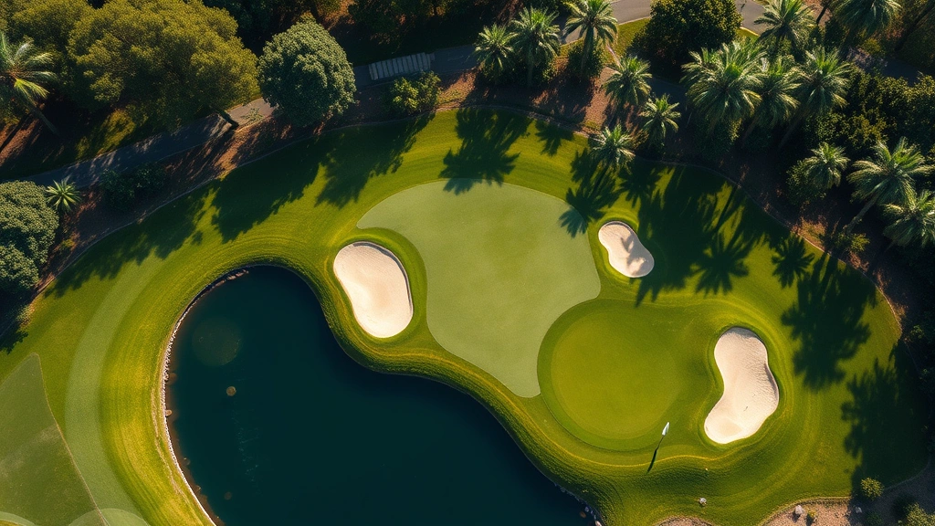 Overhead view of championship golf course hole featuring water hazard, sand bunkers, and perfectly maintained putting green surrounded by natural vegetation and scenic landscape