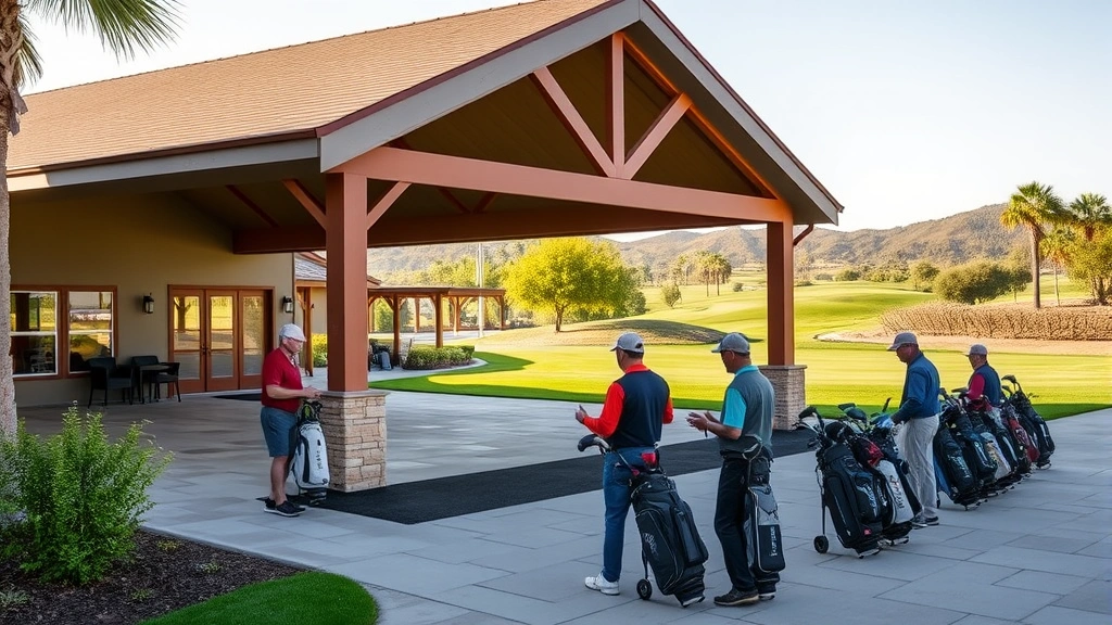 Golf course clubhouse exterior with covered practice range, golfers warming up with golf bags, professional facility architecture, bright natural lighting, resort-style setting