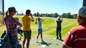 Young high school students practicing golf swing at an outdoor driving range with professional instructor demonstrating proper form, sunny day with green grass visible