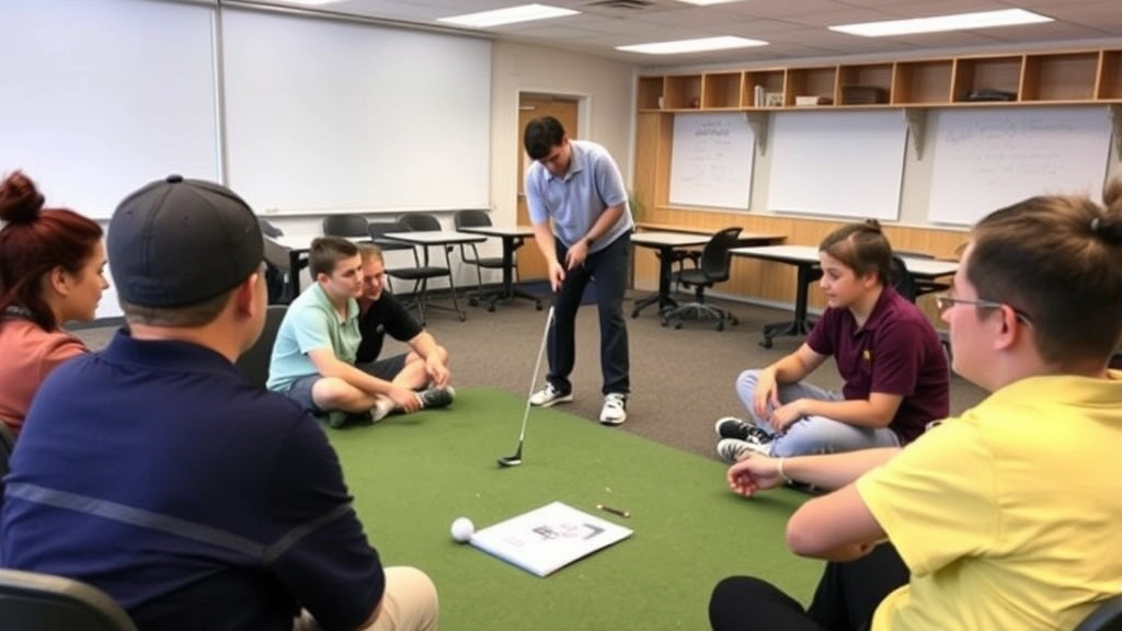 Students of different abilities learning golf together in inclusive classroom setting, instructor providing individualized feedback and encouragement to each participant