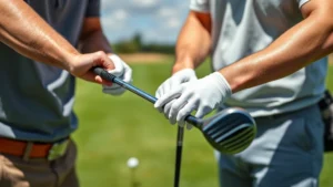 Professional golf instructor demonstrating proper grip technique with student at outdoor driving range on sunny day, close-up of hands on golf club