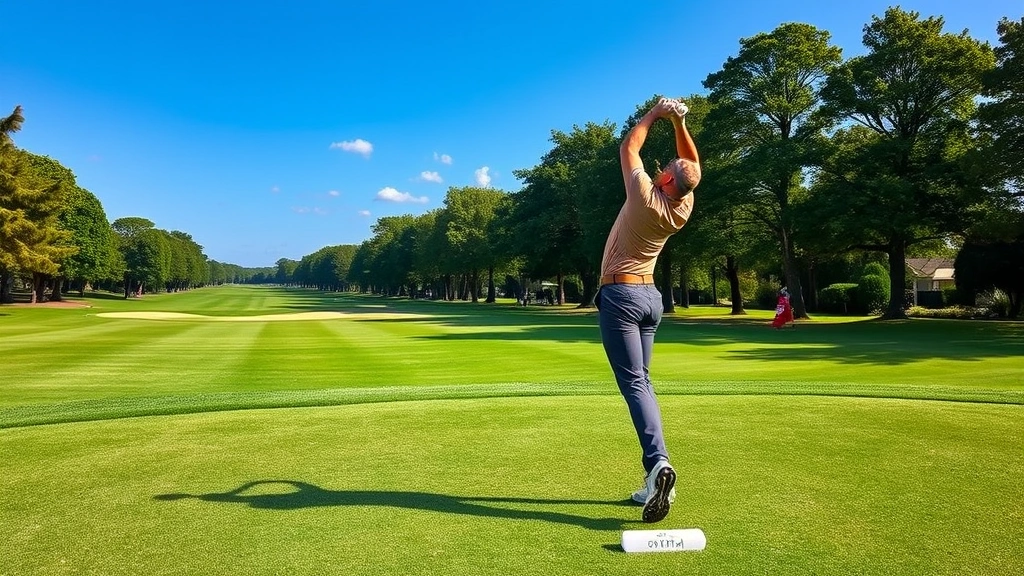 Golfer in mid-swing at beautiful golf course with manicured fairway and trees, showing proper form and body position during full swing motion