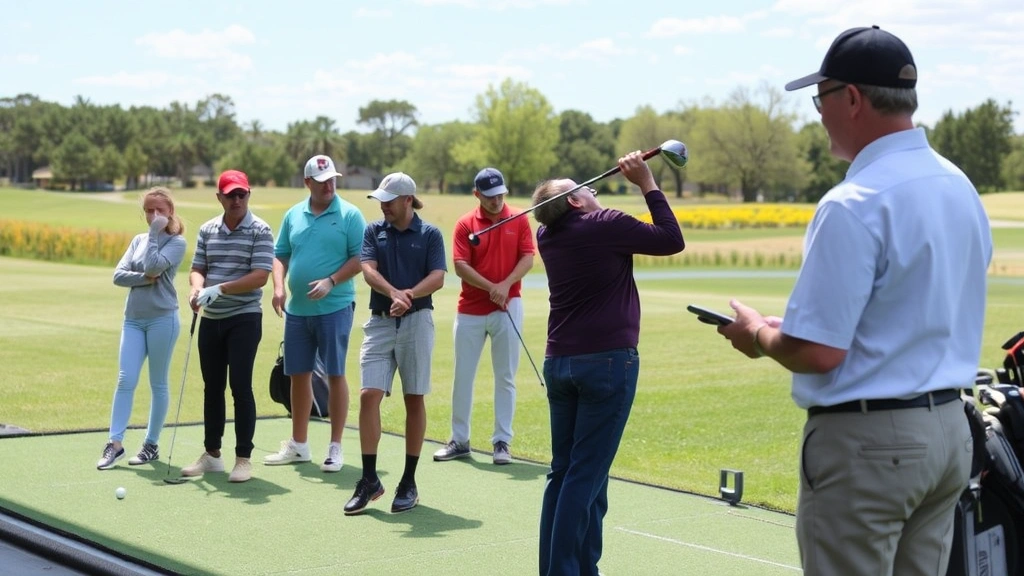 Group of diverse golfers practicing on driving range with instructor providing feedback, showing inclusive learning environment with multiple skill levels