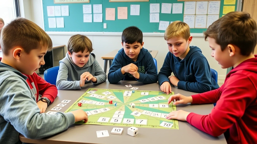 Students collaboratively playing a math board game around a classroom table with dice and number cards visible, focused expressions showing engagement and mathematical thinking