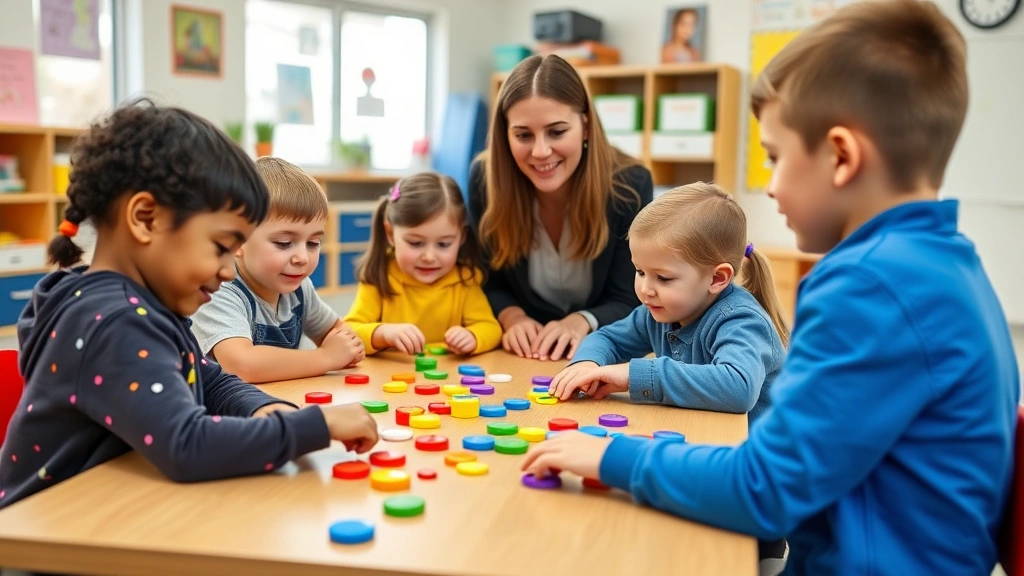 Elementary school children in a bright classroom using colorful fraction tiles and manipulatives during an interactive math game activity with smiling teacher supervising