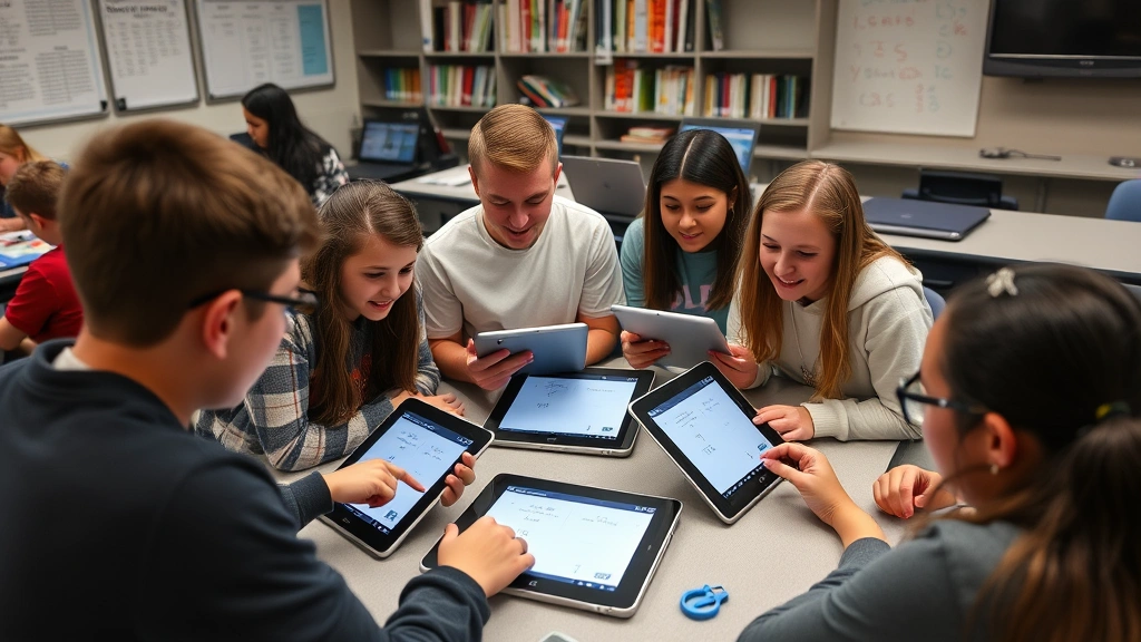 High school students gathered around tablets and laptops playing digital math games like Desmos, showing animated expressions of concentration and friendly competition