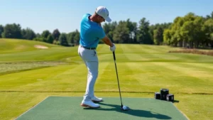 A golfer in proper stance and posture on a practice range, demonstrating correct grip and alignment, with golf balls and target markers visible, natural lighting on well-maintained grass