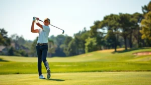 Young student golfer mid-swing on a lush green fairway, focused expression, clear sunny day, professional golf course setting, photorealistic