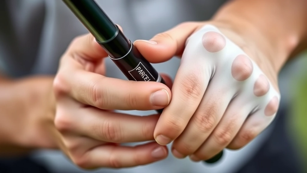 Close-up of a golfer's hands showing proper grip technique on a golf club, with clear finger positioning and pressure points visible, professional instruction setting