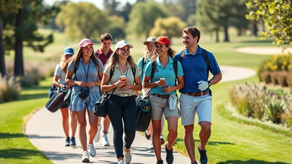 Group of diverse student golfers walking together on a golf course pathway, carrying bags, smiling and conversing, natural outdoor lighting, community atmosphere