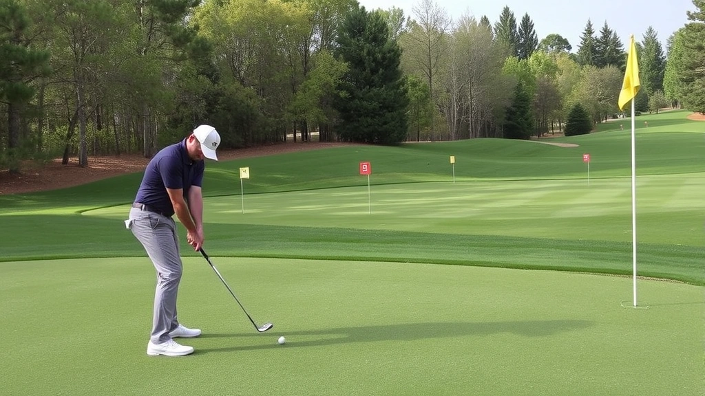 A golfer practicing short-game shots near a green with multiple chipping targets and practice flags, showing focused deliberate practice in a dedicated short-game area