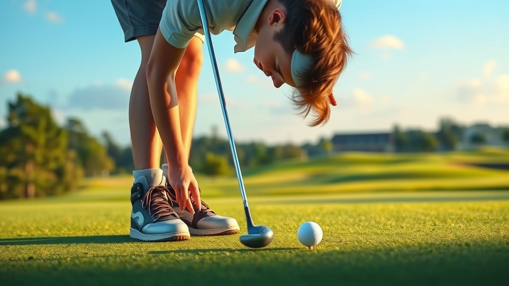 Student golfer concentrating before taking a putt on the green, bent over golf ball, peaceful course background, showing mental focus and determination, photorealistic