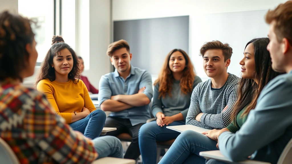 Diverse group of young adults in classroom setting engaged in substance abuse awareness discussion, professional educational environment, natural lighting, inclusive diverse representation