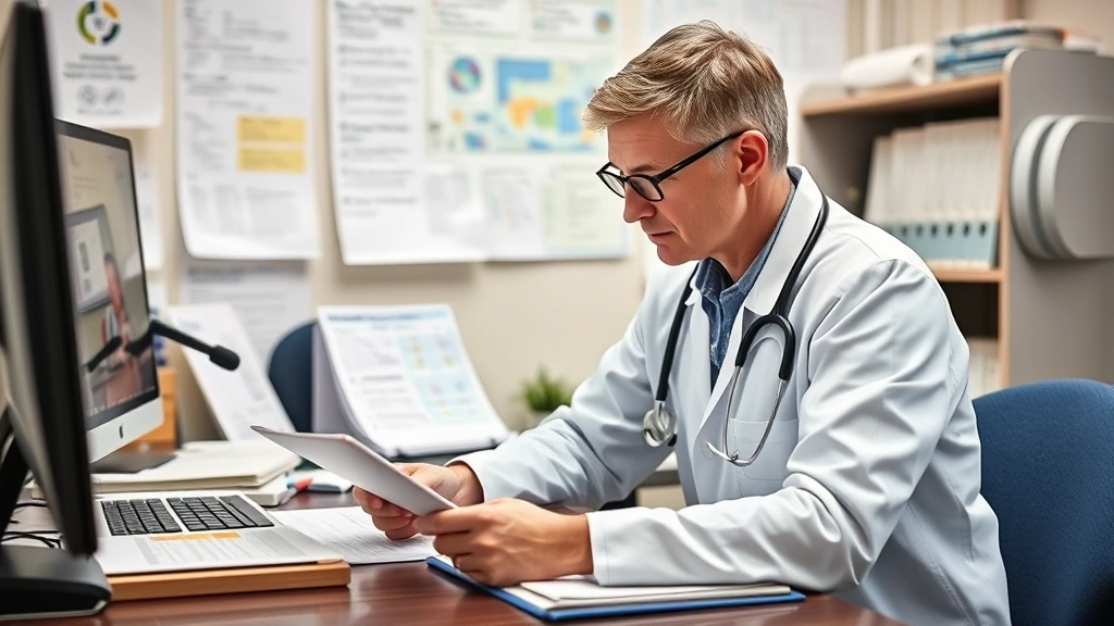 Healthcare professional reviewing addiction research materials and clinical resources at desk, medical education setting, focused professional atmosphere, evidence-based materials visible