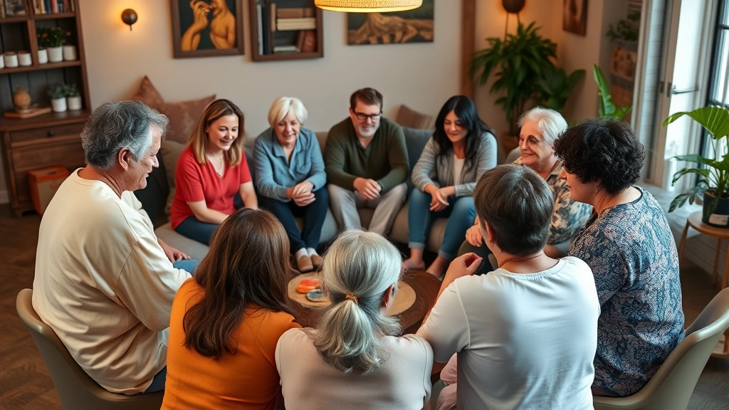 Community support group circle with people of various ages discussing recovery and wellness, compassionate supportive environment, diverse participants, hopeful atmosphere