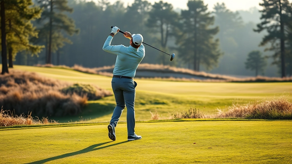 Golfer in professional stance executing iron shot on undulating fairway with natural rough grass and distant trees, morning light, focused concentration visible