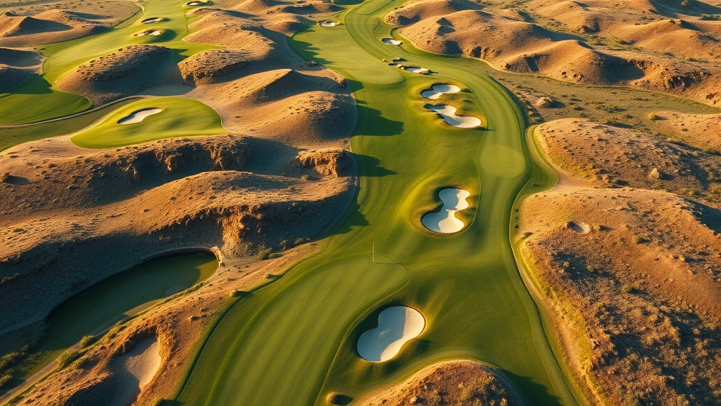Wide aerial view of golf course featuring elevation changes, strategic bunkers, fairway routing through terrain, natural landscape design with no people visible