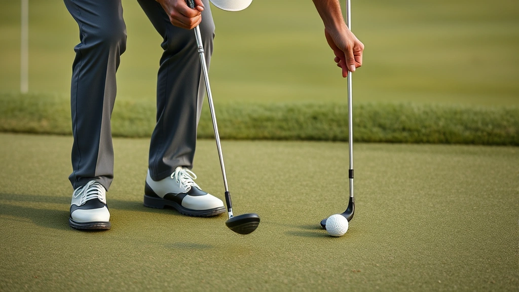 Close-up of golfer analyzing putting green from multiple angles, studying break patterns, bent posture examining surface, green grass texture, professional assessment posture
