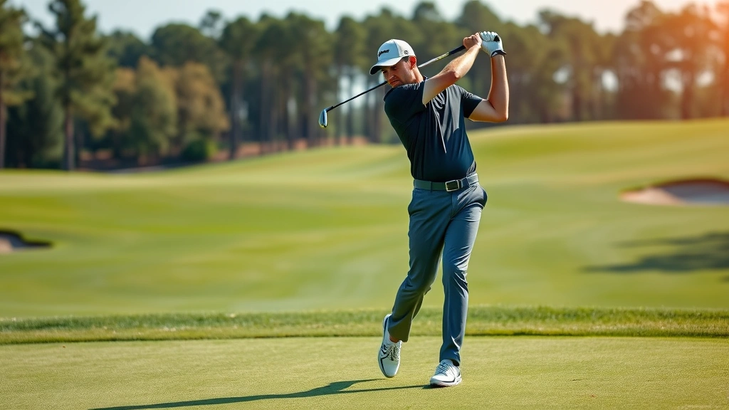 Professional golfer in mid-swing on championship golf course with manicured fairway and trees in background, demonstrating proper golf posture and technique