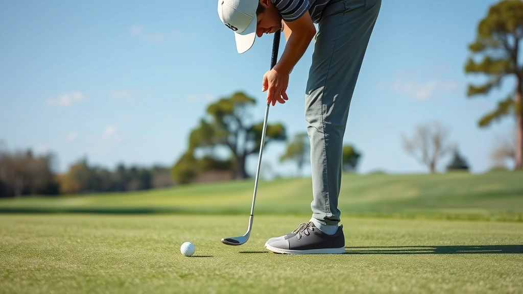 Golfer on putting green concentrating on short putt with flag visible in hole, showing focus and mental preparation during competitive play