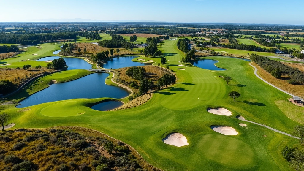 Golf course landscape view showing elevation changes, water hazards, bunkers, and fairway layout with clear blue sky, demonstrating strategic course architecture