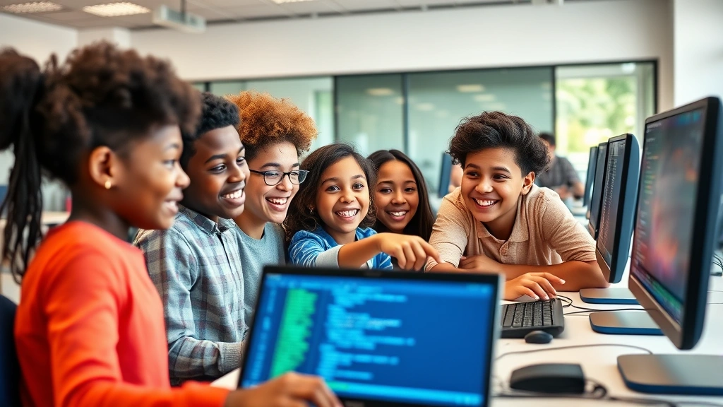 Young diverse students collaborating at computers in a bright, modern classroom, engaged with coding projects on screens, smiling and pointing at code