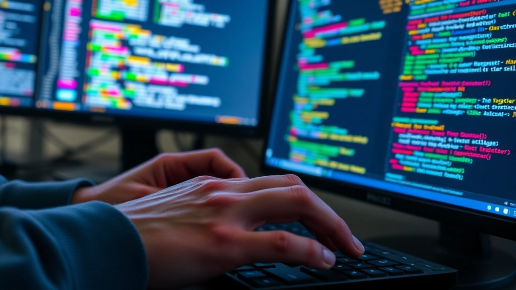Close-up of hands typing on a keyboard with code visible on multiple monitors, showing focused programmer at work with colorful syntax highlighting