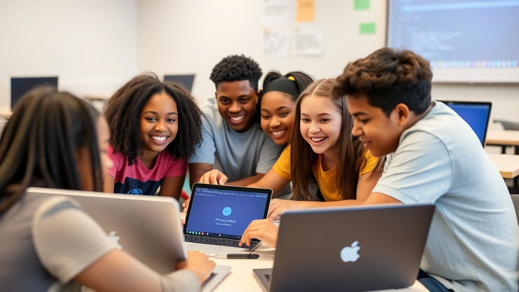 Group of middle school students of different ethnicities working together on laptops in a coding workshop, celebrating a completed project with enthusiasm
