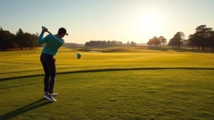 Golfer practicing precision iron shots on a well-maintained fairway with distant elevated green, morning sunlight creating shadows across manicured grass, professional setup