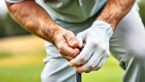 Professional golfer demonstrating proper grip technique with close-up of hands positioning on golf club, neutral grip angle visible, outdoor course background blurred