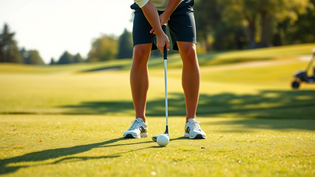 Golfer in athletic stance addressing ball on fairway, perfect posture showing knee flex and shoulder alignment, morning sunlight, natural course setting