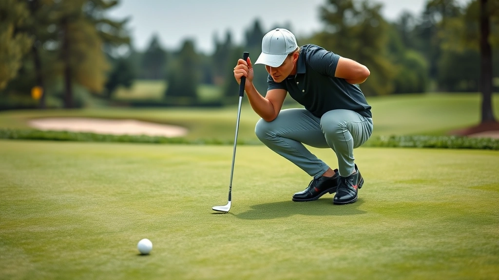 Golfer studying green contours before putt, crouching to read slope and break, professional stance showing mental focus and concentration on championship-level course