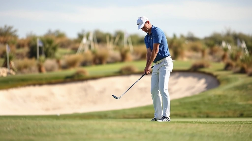 Golfer executing short pitch shot near green, focused concentration expression, sand bunker visible in background, mid-swing moment captured