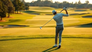 Professional golfer executing a precise tee shot on a challenging hole with elevation changes, morning sunlight, manicured fairway and bunkers visible in background