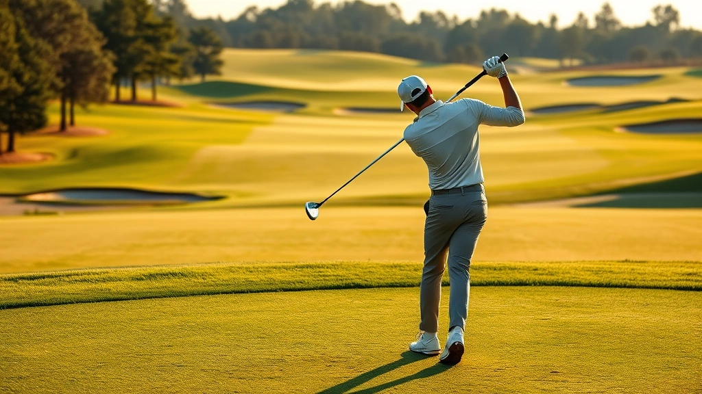 Professional golfer executing a precise tee shot on a challenging hole with elevation changes, morning sunlight, manicured fairway and bunkers visible in background