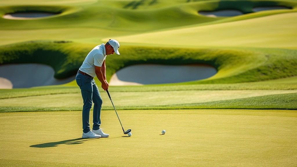 Golfer practicing chip shots on a green with varied slopes and contours, focused concentration, natural daylight, practice balls scattered on grass