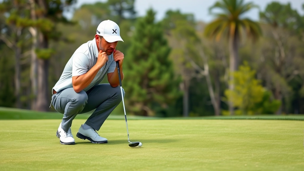 Golfer reading a putt on a complex sloped green, crouching to analyze break and grain, calm focused expression, natural course setting with trees in background