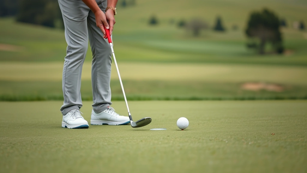 Golfer putting on green with proper alignment and focus, ball near hole, green landscape in background, showing concentration and smooth pendulum stroke motion
