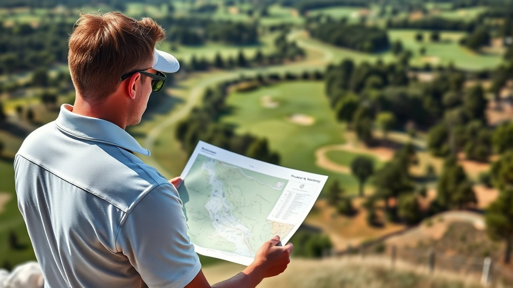 Golfer analyzing course layout and fairway strategy, studying hole positioning and hazards from elevated vantage point, professional golfer in polo shirt reviewing course map