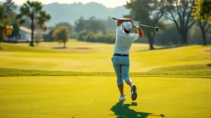 Golfer mid-swing on beautifully maintained fairway with green in distance, natural lighting, professional composition