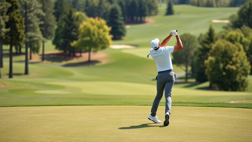 Professional golfer executing precise approach shot to elevated green, demonstrating proper form and technique with championship course in background