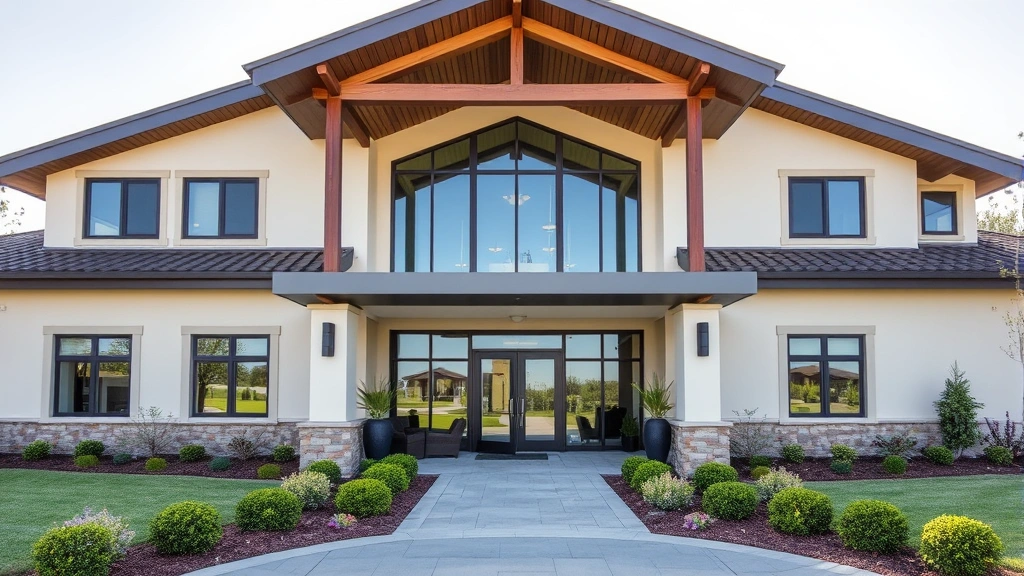 Modern golf clubhouse exterior with manicured landscape, welcoming entrance, bright daylight, architectural focus