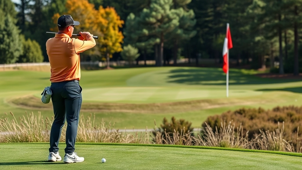Golfer standing on tee box reviewing wind conditions, observing flag movement and environmental factors before shot selection at premium golf course