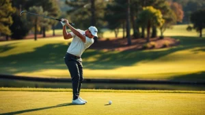 Professional golfer executing precise tee shot on challenging fairway with water hazard visible, concentrated expression, morning sunlight, manicured golf course landscape, realistic detail