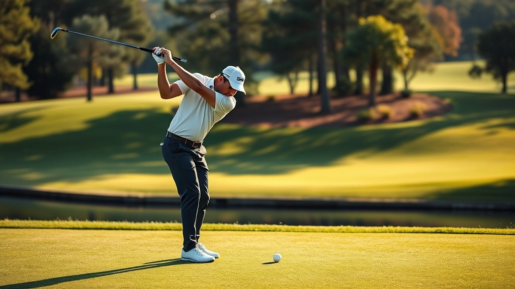 Professional golfer executing precise tee shot on challenging fairway with water hazard visible, concentrated expression, morning sunlight, manicured golf course landscape, realistic detail